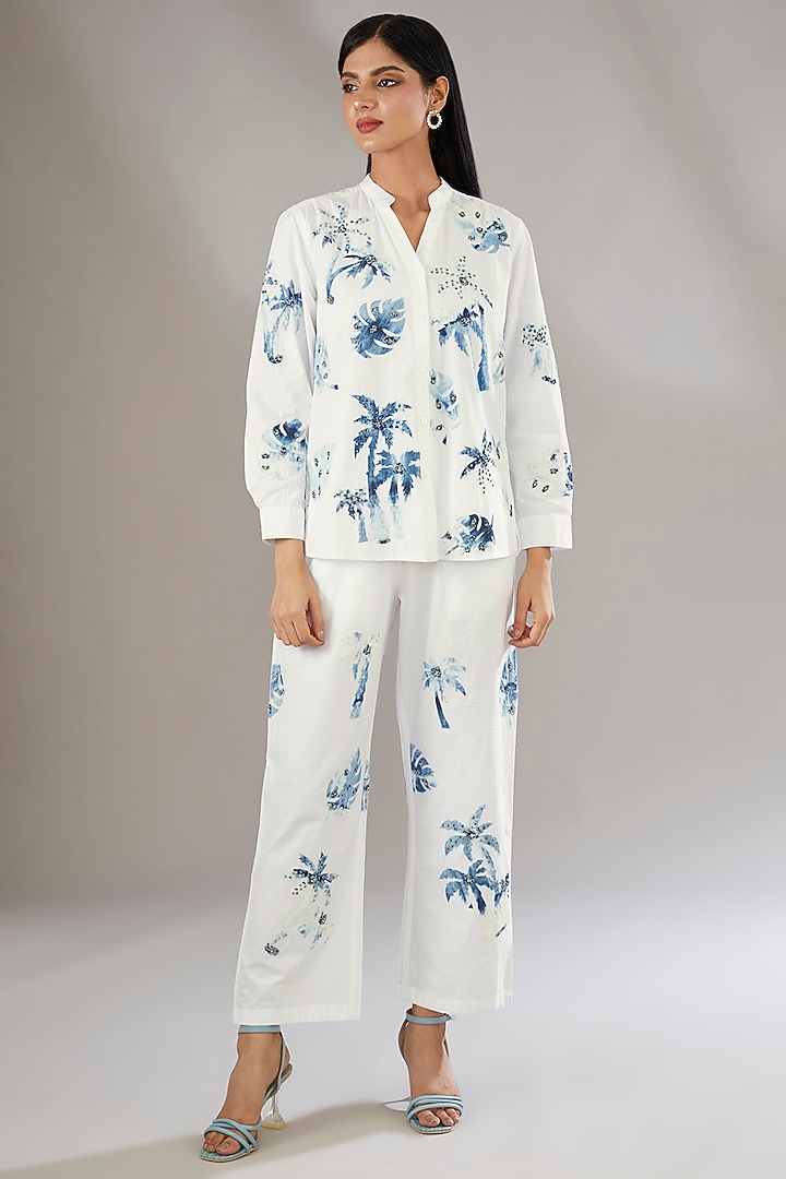 White Cotton Applique Embroidered & Printe? Co-Ord Set by Nakateki at Pernia's Pop Up Shop