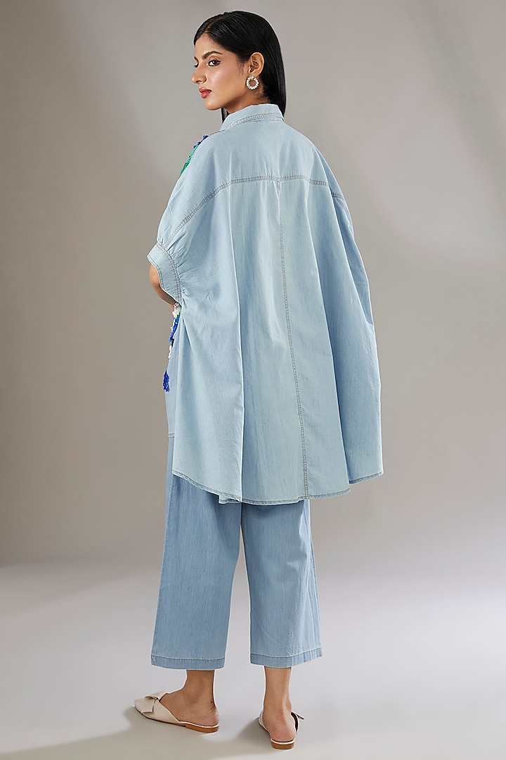 Blue Denim Embroidered & Floral Printed Co-Ord Set by Nakateki at Pernia's Pop Up Shop