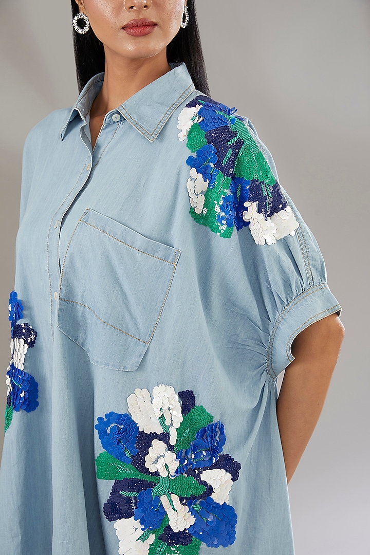 Blue Denim Embroidered & Floral Printed Co-Ord Set by Nakateki at Pernia's Pop Up Shop