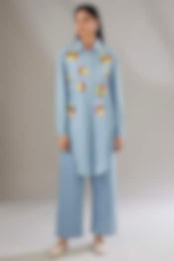 Blue Denim Embroidered & Floral Printed Co-Ord Set by Nakateki at Pernia's Pop Up Shop