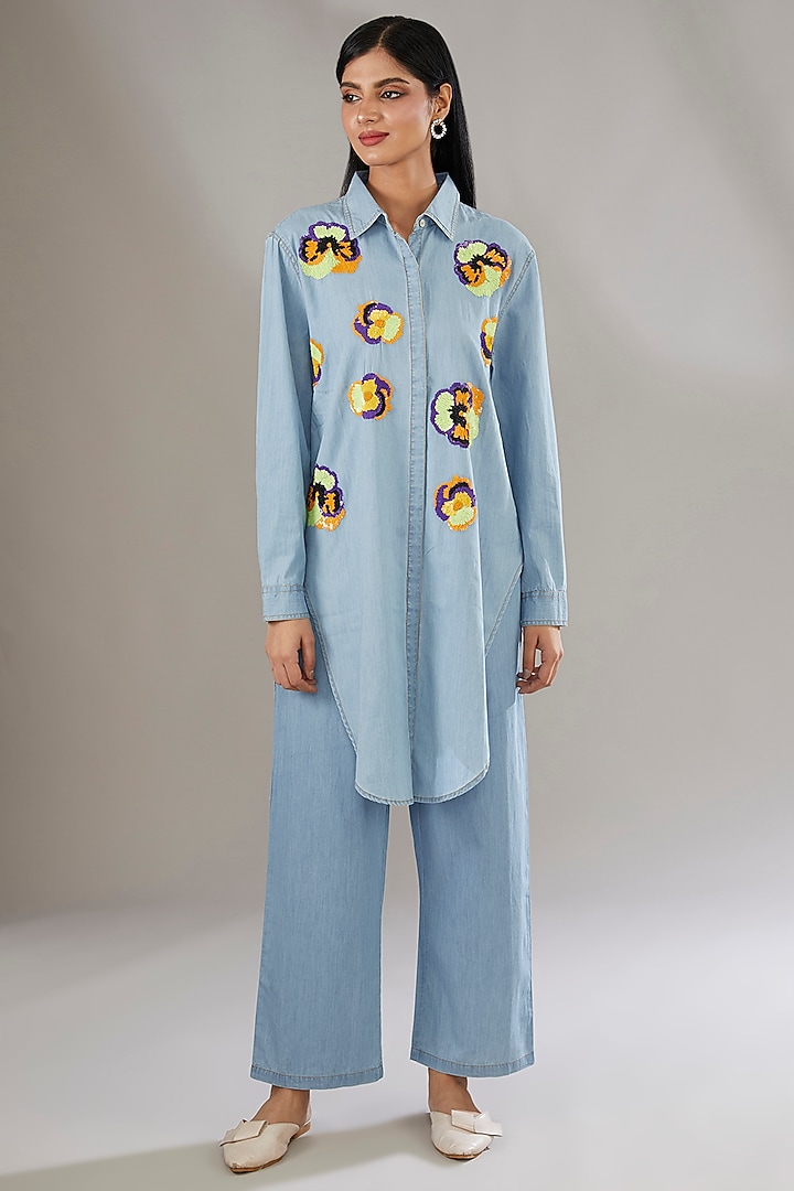 Blue Denim Embroidered & Floral Printed Co-Ord Set by Nakateki at Pernia's Pop Up Shop