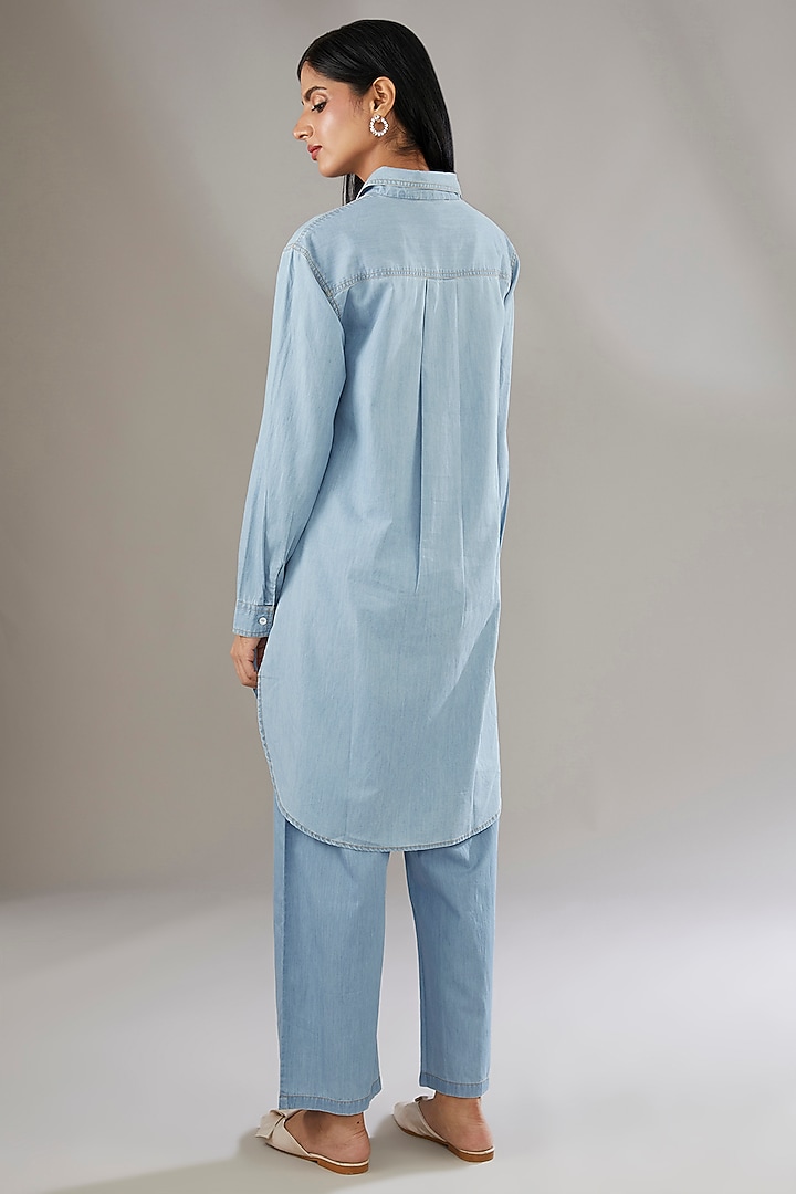 Blue Denim Embroidered & Floral Printed Co-Ord Set by Nakateki at Pernia's Pop Up Shop