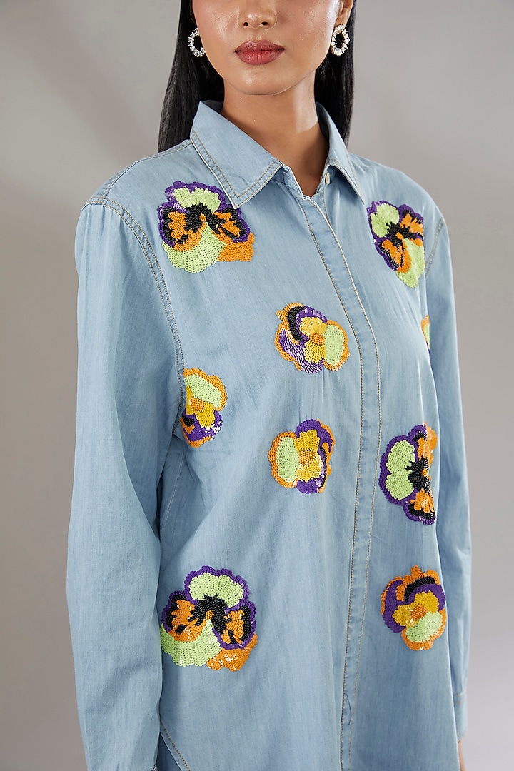 Blue Denim Embroidered & Floral Printed Co-Ord Set by Nakateki at Pernia's Pop Up Shop