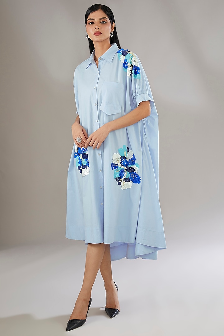 Blue Cotton Applique Embroidered & Floral Printed Midi Dress by Nakateki