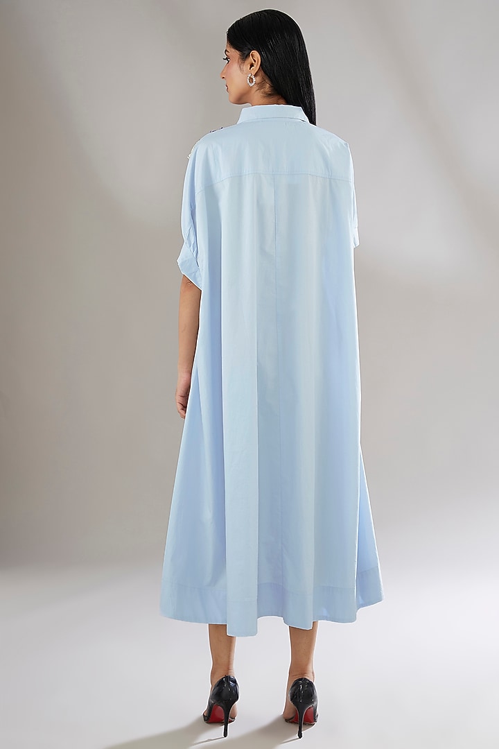 Blue Cotton Applique Embroidered & Floral Printed Midi Vacation Dress by Nakateki at Pernia's Pop Up Shop