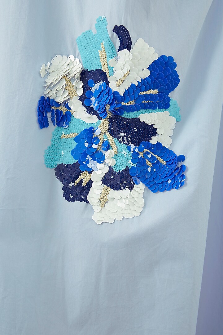 Blue Cotton Applique Embroidered & Floral Printed Midi Vacation Dress by Nakateki at Pernia's Pop Up Shop