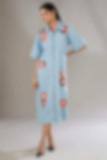 Blue Denim Applique Embroidered & Floral Printed Midi Dress by Nakateki at Pernia's Pop Up Shop