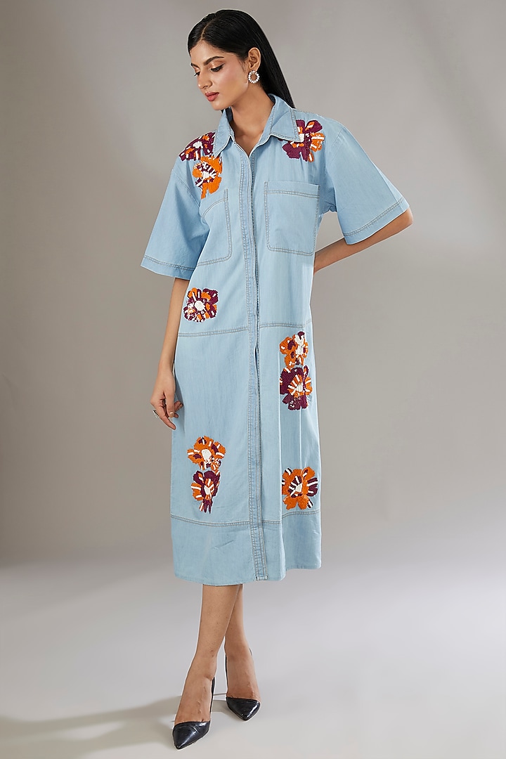 Blue Denim Applique Embroidered & Floral Printed Midi Dress by Nakateki at Pernia's Pop Up Shop