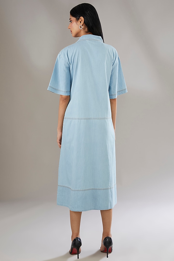 Blue Denim Applique Embroidered & Floral Printed Midi Vacation Dress by Nakateki at Pernia's Pop Up Shop