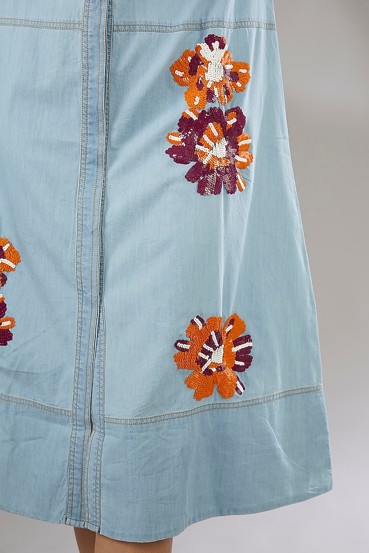 Blue Denim Applique Embroidered & Floral Printed Midi Vacation Dress by Nakateki at Pernia's Pop Up Shop