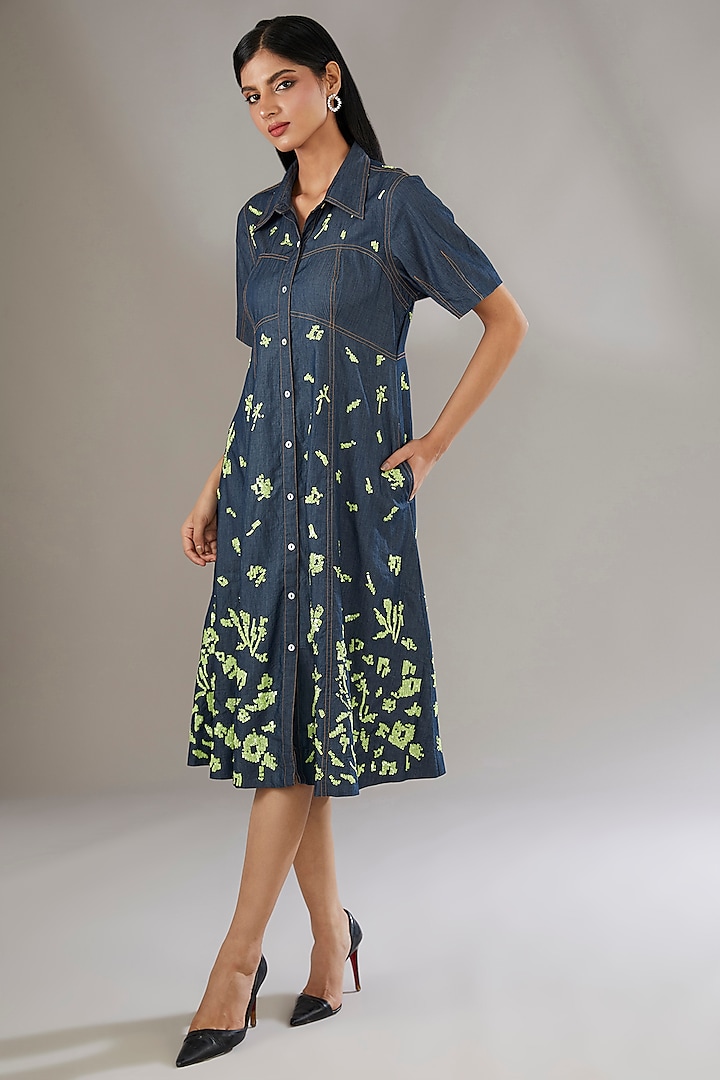 Blue Denim Embroidered & Printed Midi Dress by Nakateki at Pernia's Pop Up Shop