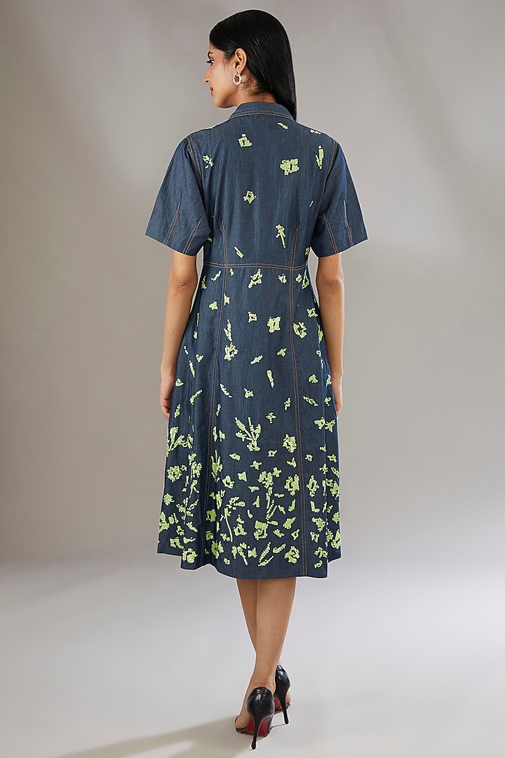 Blue Denim Embroidered & Printed Midi Vacation Dress by Nakateki at Pernia's Pop Up Shop