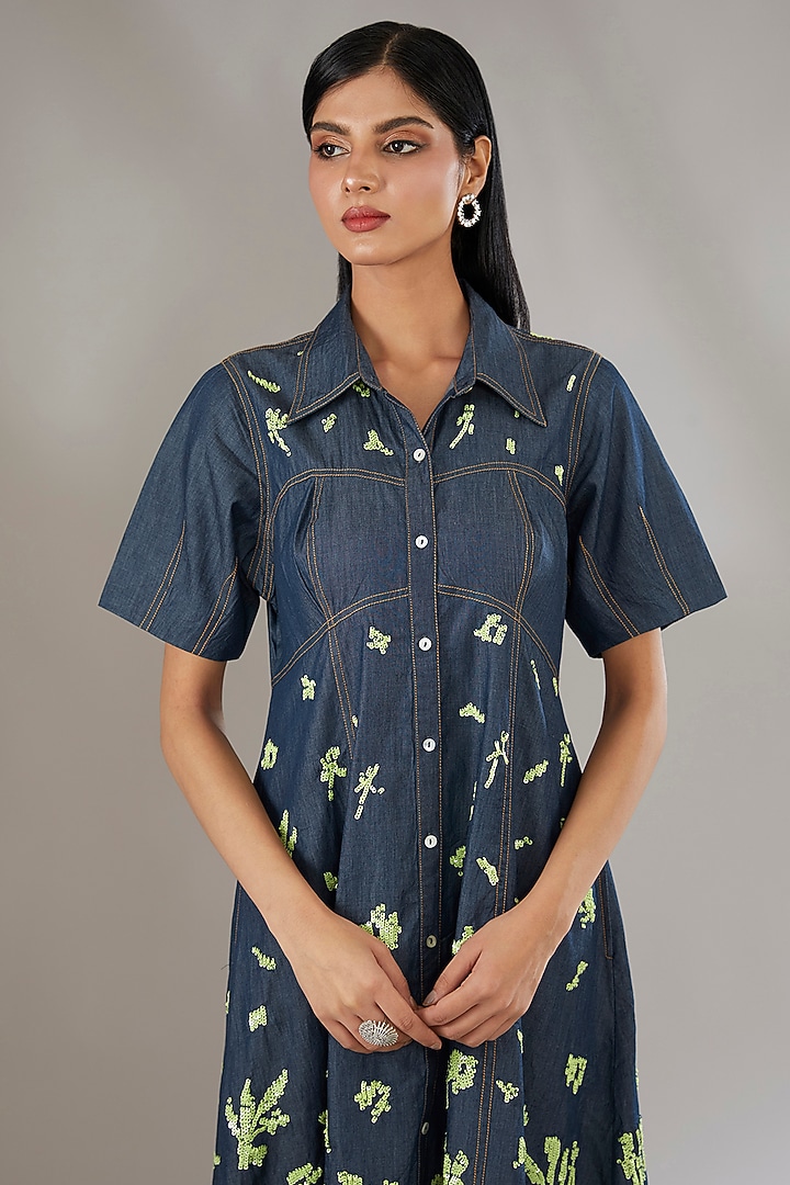 Blue Denim Embroidered & Printed Midi Vacation Dress by Nakateki at Pernia's Pop Up Shop