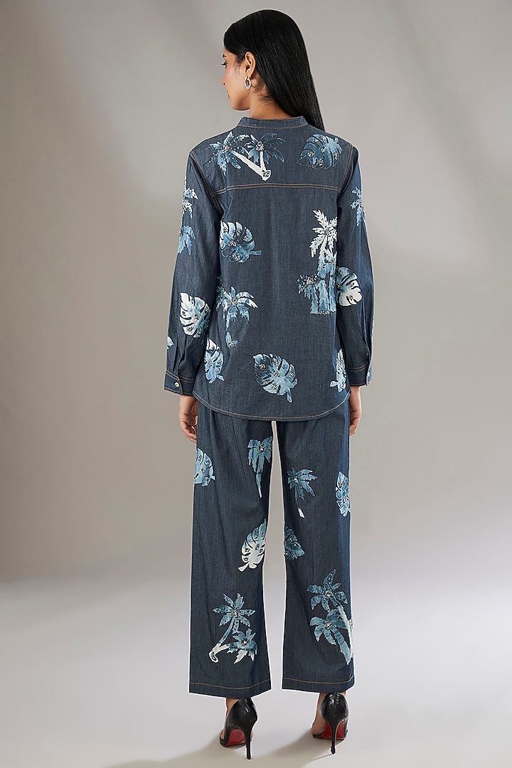 Blue Denim Embroidered & Printed Co-Ord Set by Nakateki at Pernia's Pop Up Shop