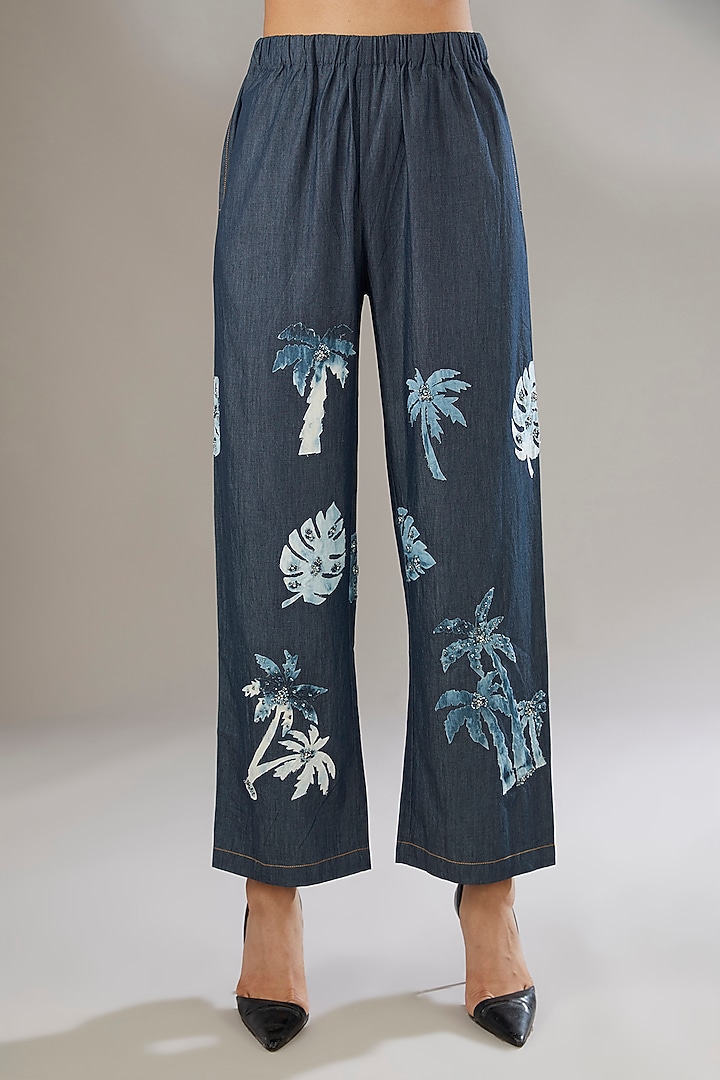 Blue Denim Embroidered & Printed Co-Ord Set by Nakateki at Pernia's Pop Up Shop