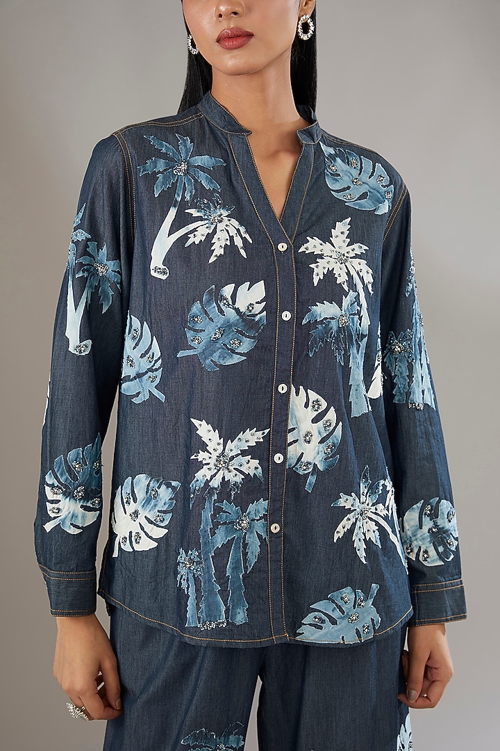 Blue Denim Embroidered & Printed Co-Ord Set by Nakateki at Pernia's Pop Up Shop