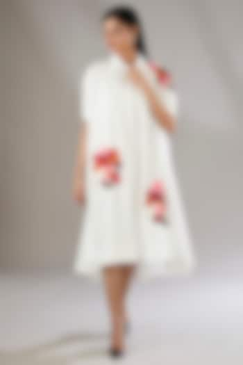 White Cotton Applique Embroidered & Floral Printed Midi Dress by Nakateki at Pernia's Pop Up Shop