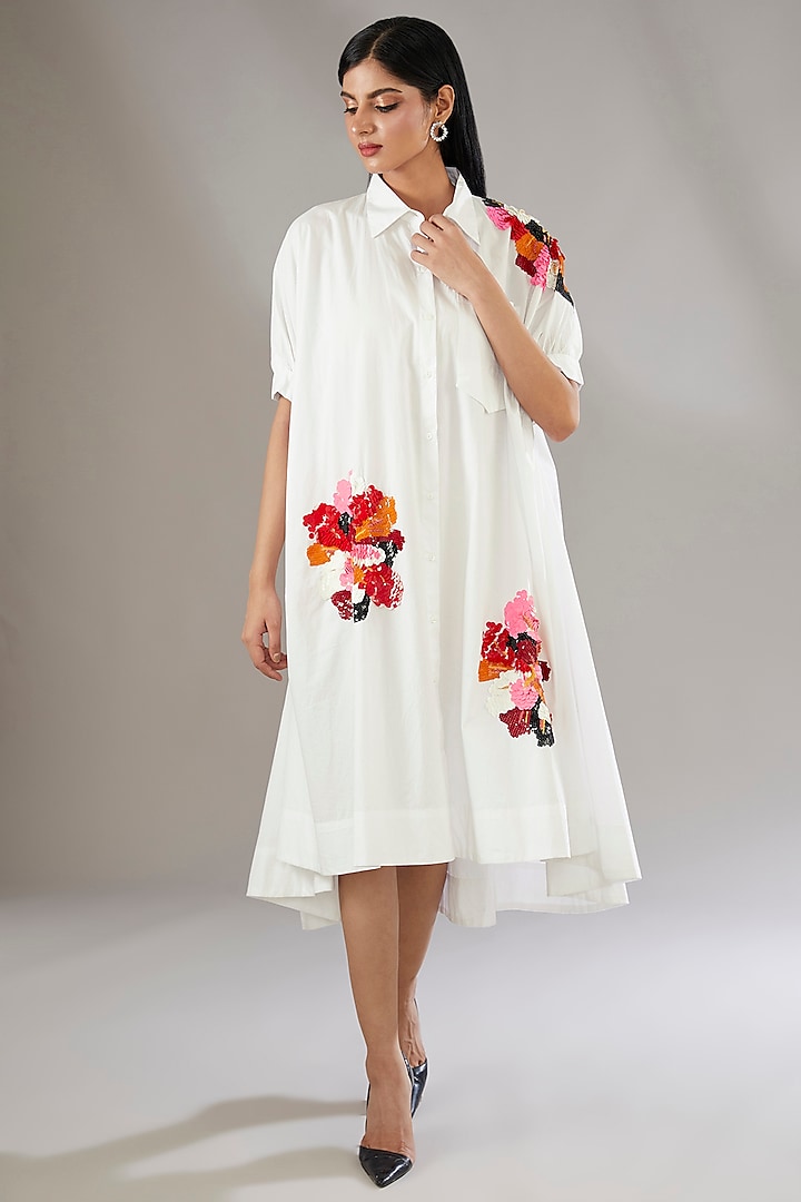 White Cotton Applique Embroidered & Floral Printed Midi Dress by Nakateki at Pernia's Pop Up Shop