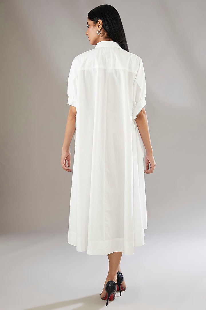 White Cotton Applique Embroidered & Floral Printed Midi Vacation Dress by Nakateki at Pernia's Pop Up Shop