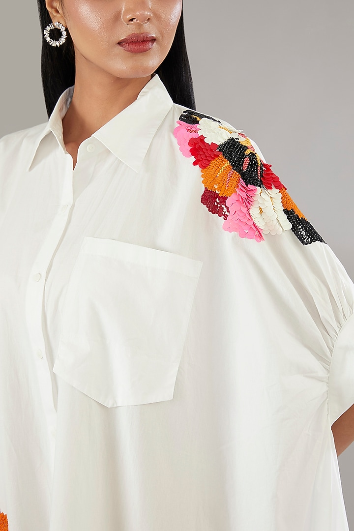 White Cotton Applique Embroidered & Floral Printed Midi Vacation Dress by Nakateki at Pernia's Pop Up Shop