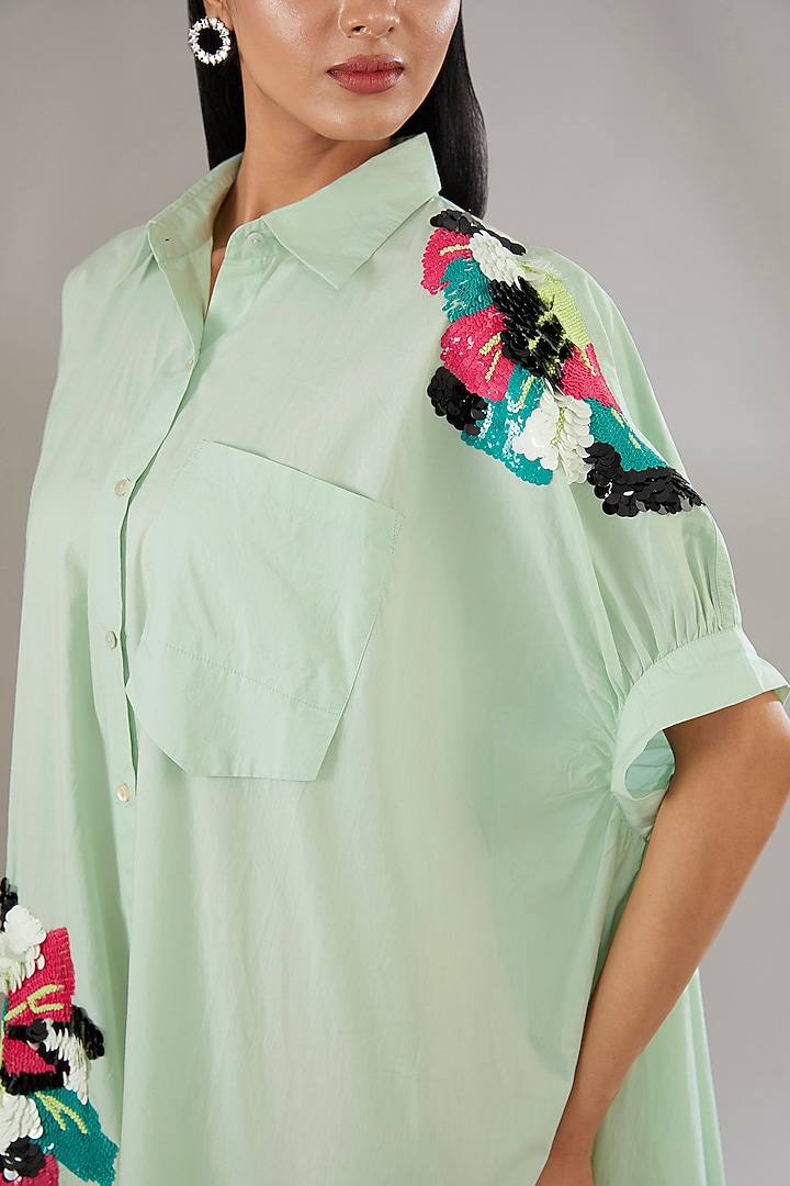 Green Cotton Applique & Floral Printed Vacation Dress by Nakateki at Pernia's Pop Up Shop