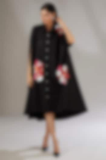 Black Cotton Applique Embroidered & Floral Printed Midi Dress by Nakateki at Pernia's Pop Up Shop