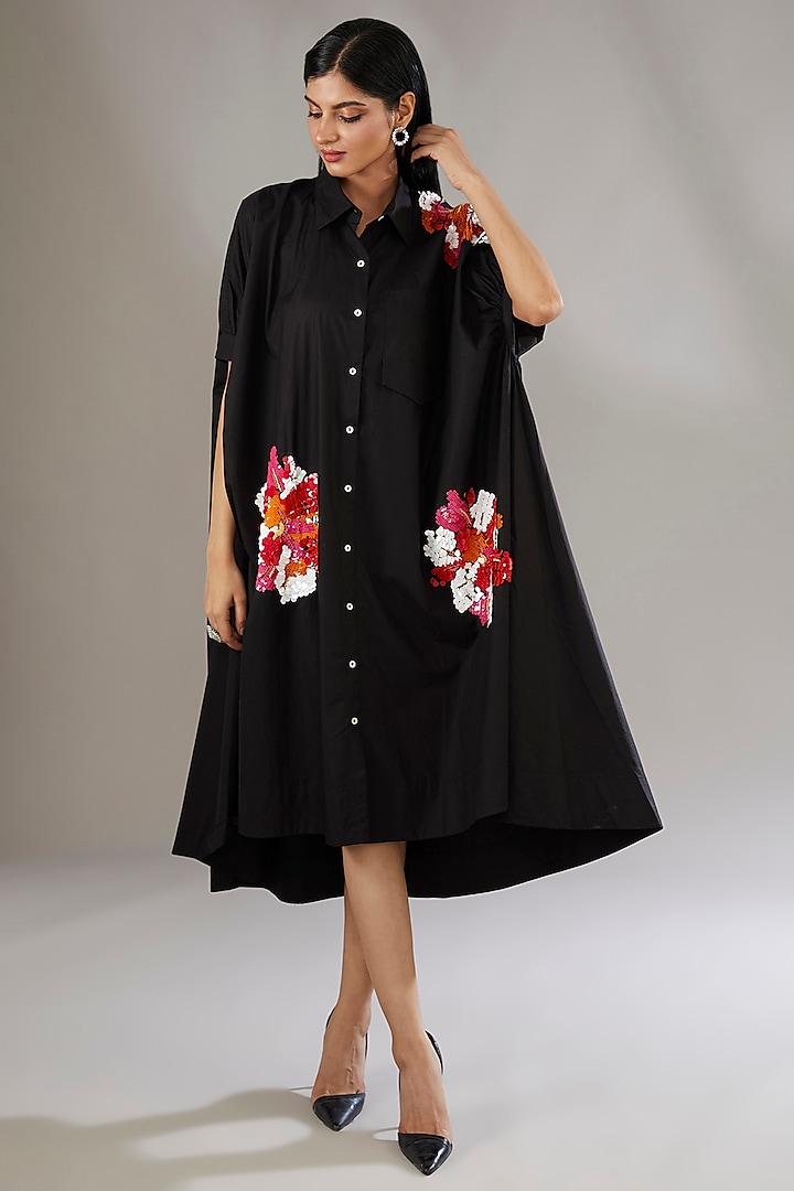 Black Cotton Applique Embroidered & Floral Printed Midi Dress by Nakateki at Pernia's Pop Up Shop