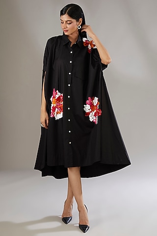 Black Cotton Applique Embroidered & Floral Printed Midi Dress by Nakateki