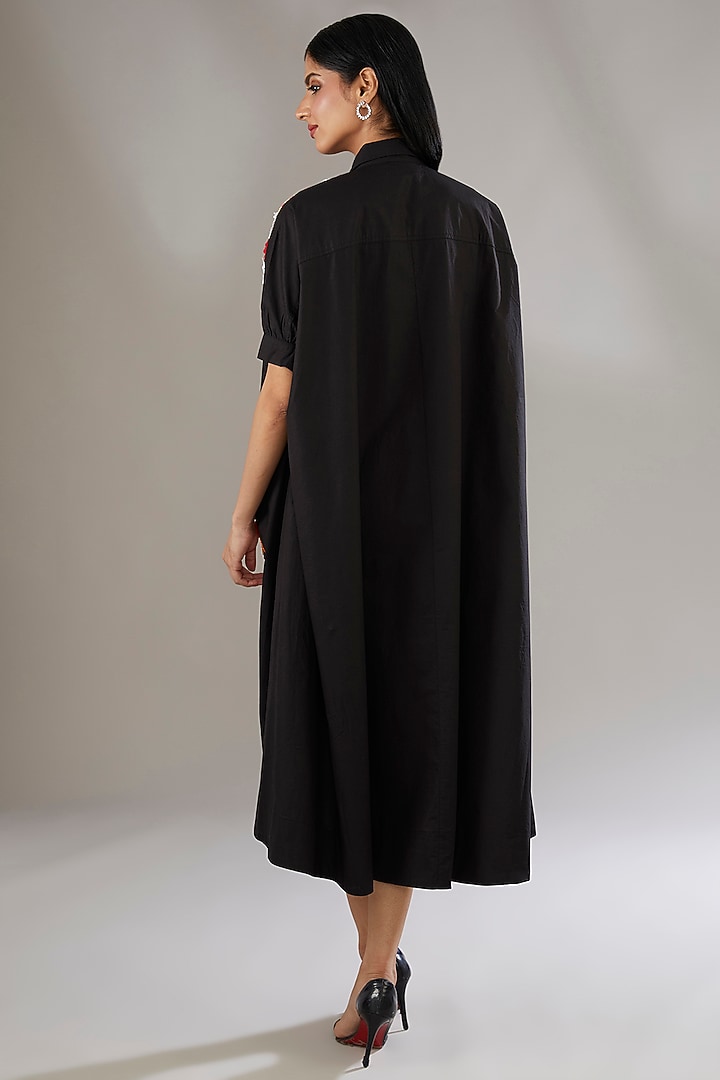 Black Cotton Applique Embroidered & Floral Printed Midi Vacation Dress by Nakateki at Pernia's Pop Up Shop