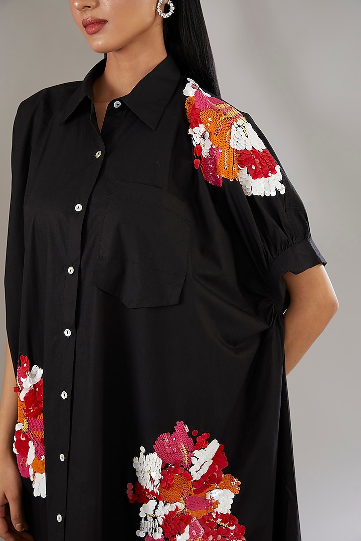 Black Cotton Applique Embroidered & Floral Printed Midi Vacation Dress by Nakateki at Pernia's Pop Up Shop