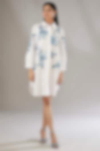 Blue Denim Applique Embroidered & Printed A-Line Shirt Dress by Nakateki at Pernia's Pop Up Shop