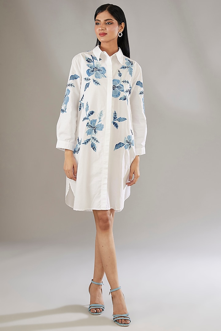 Blue Denim Applique Embroidered & Printed A-Line Shirt Dress by Nakateki at Pernia's Pop Up Shop