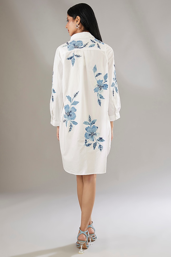 Blue Denim Applique Embroidered & Printed A-Line Summer Shirt Dress by Nakateki at Pernia's Pop Up Shop