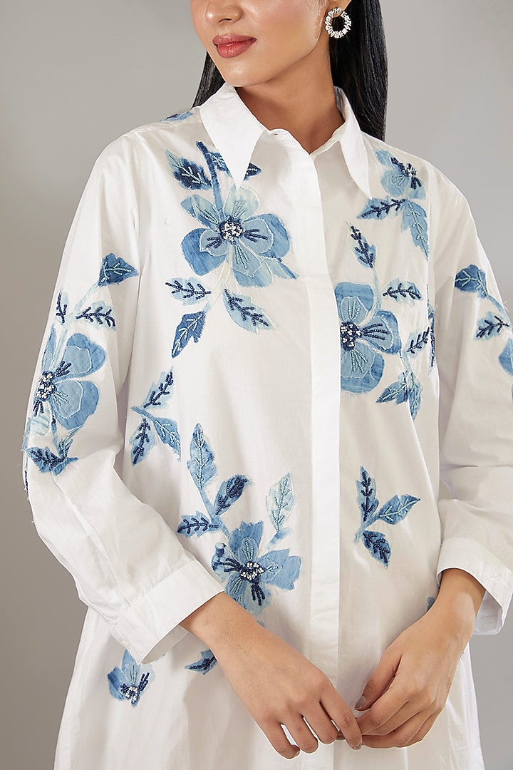 Blue Denim Applique Embroidered & Printed A-Line Summer Shirt Dress by Nakateki at Pernia's Pop Up Shop