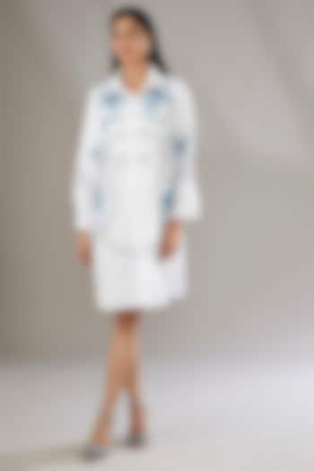 White Denim Applique Embroidered & Printed Shirt Dress by Nakateki at Pernia's Pop Up Shop