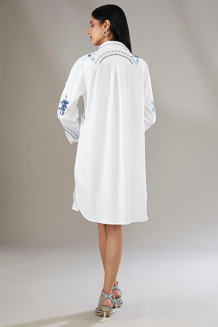 White Denim Applique Embroidered & Printed Vacation Shirt Dress by Nakateki at Pernia's Pop Up Shop
