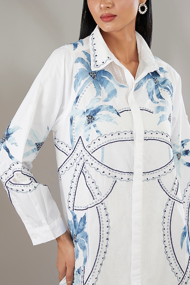 White Denim Applique Embroidered & Printed Vacation Shirt Dress by Nakateki at Pernia's Pop Up Shop