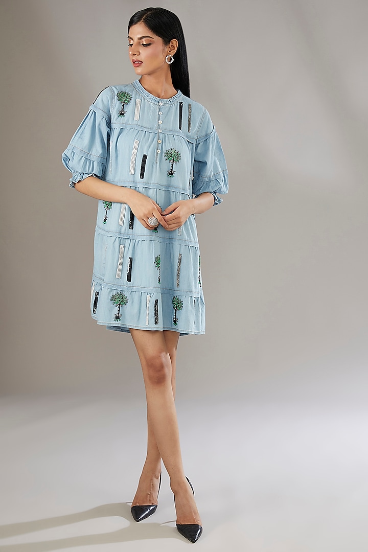 Blue Denim Sequins Embroidered Short Dress by Nakateki at Pernia's Pop Up Shop