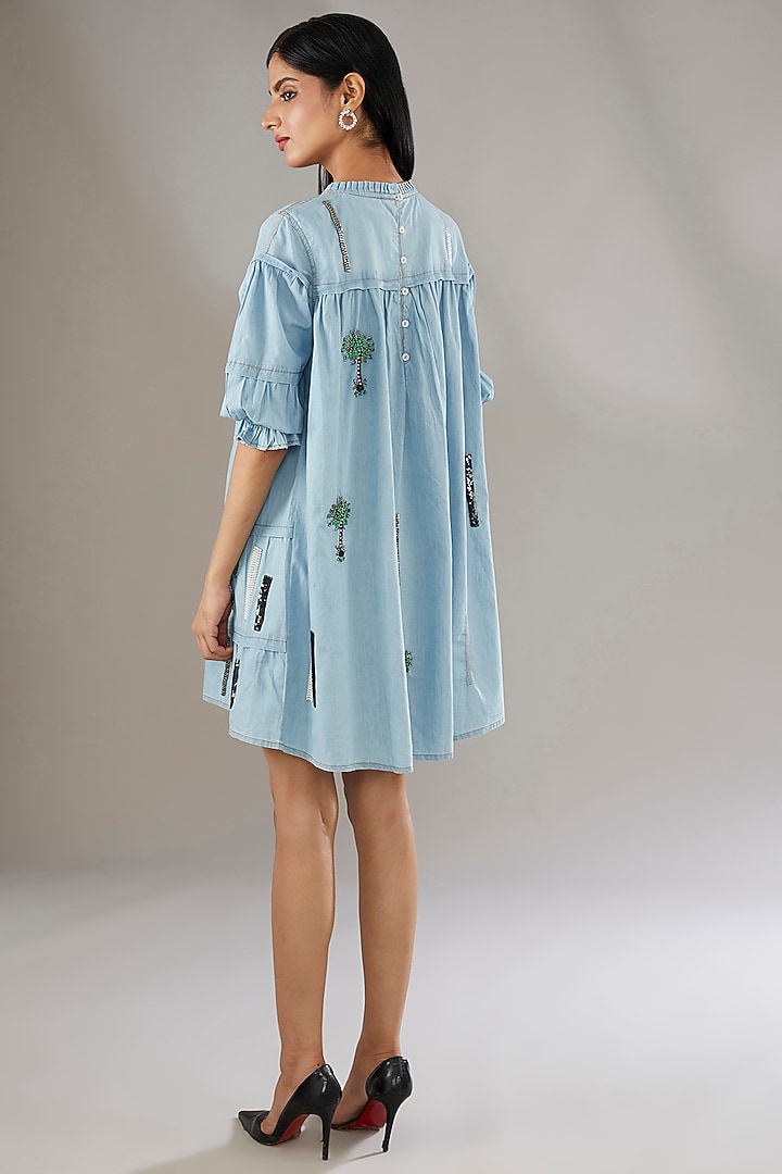 Blue Denim Sequins Embroidered Short Vacation Dress by Nakateki at Pernia's Pop Up Shop