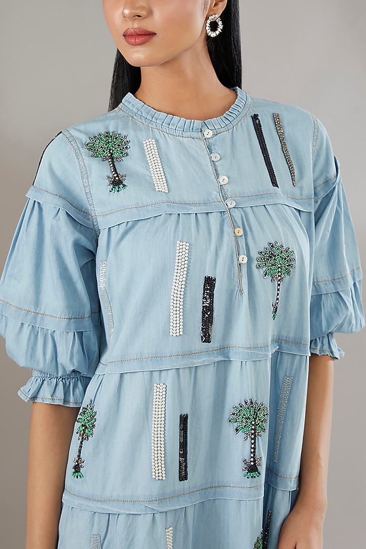 Blue Denim Sequins Embroidered Short Vacation Dress by Nakateki at Pernia's Pop Up Shop