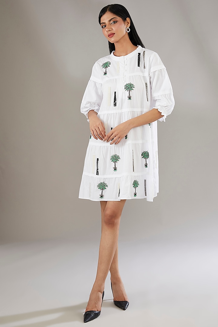 White Denim Applique Embroidered Shirt Dress by Nakateki at Pernia's Pop Up Shop