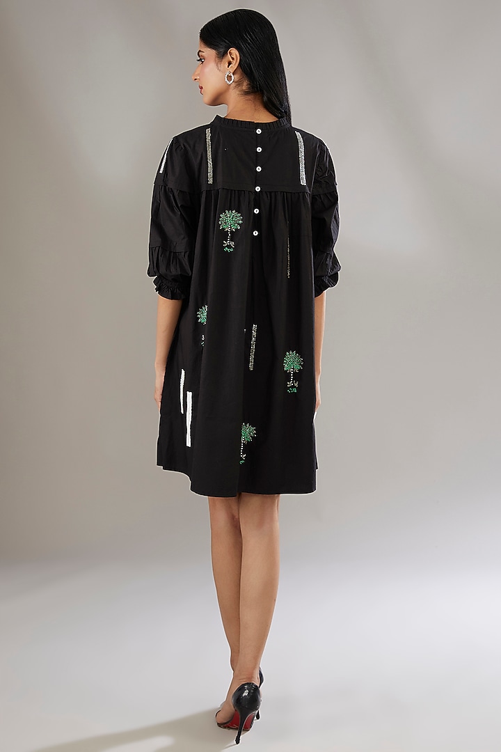 Black Denim Sequins Embroidered Short Vacation Dress by Nakateki at Pernia's Pop Up Shop