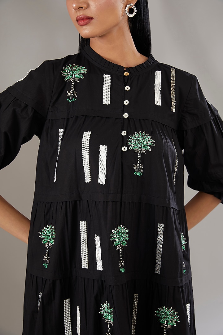 Black Denim Sequins Embroidered Short Vacation Dress by Nakateki at Pernia's Pop Up Shop