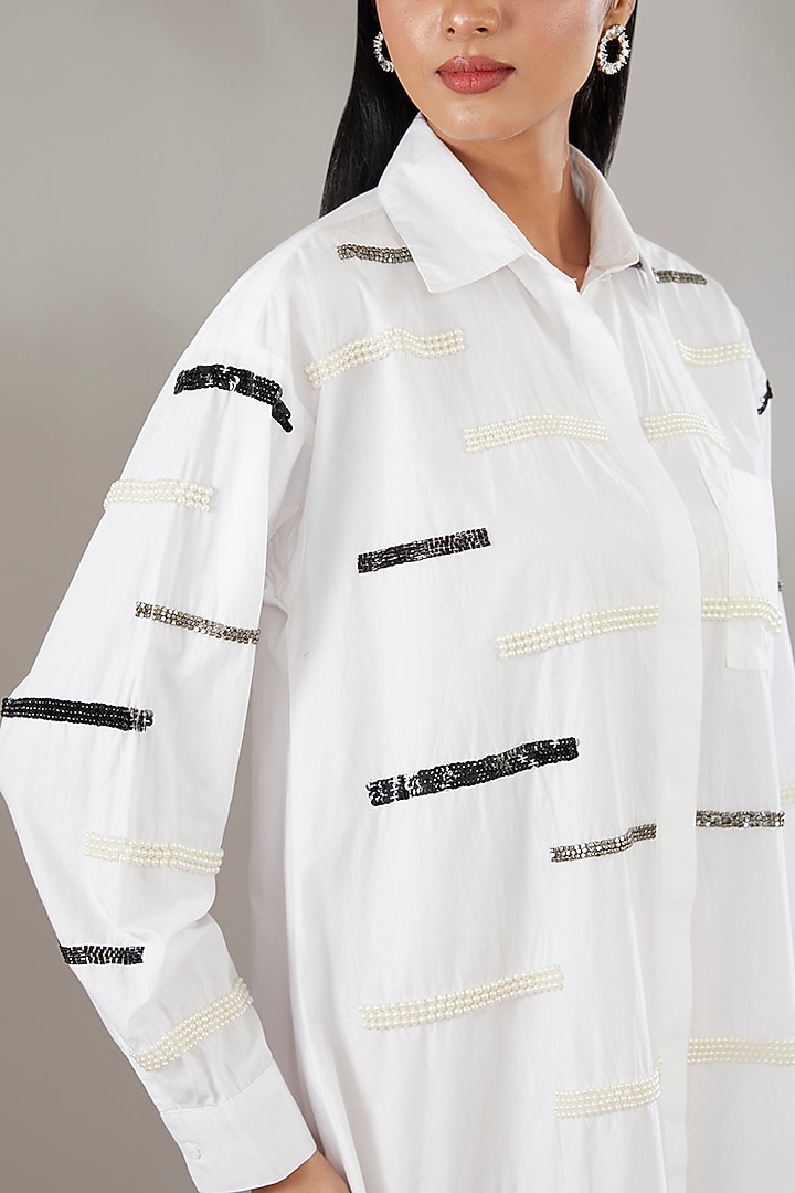 White Cotton Applique Embroidered Vacation Shirt Dress by Nakateki at Pernia's Pop Up Shop