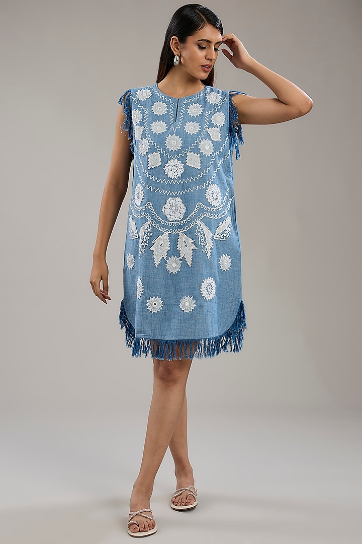 Blue Cotton & Denim Dori Embroidered Sleeveless Dress by Nakateki at Pernia's Pop Up Shop