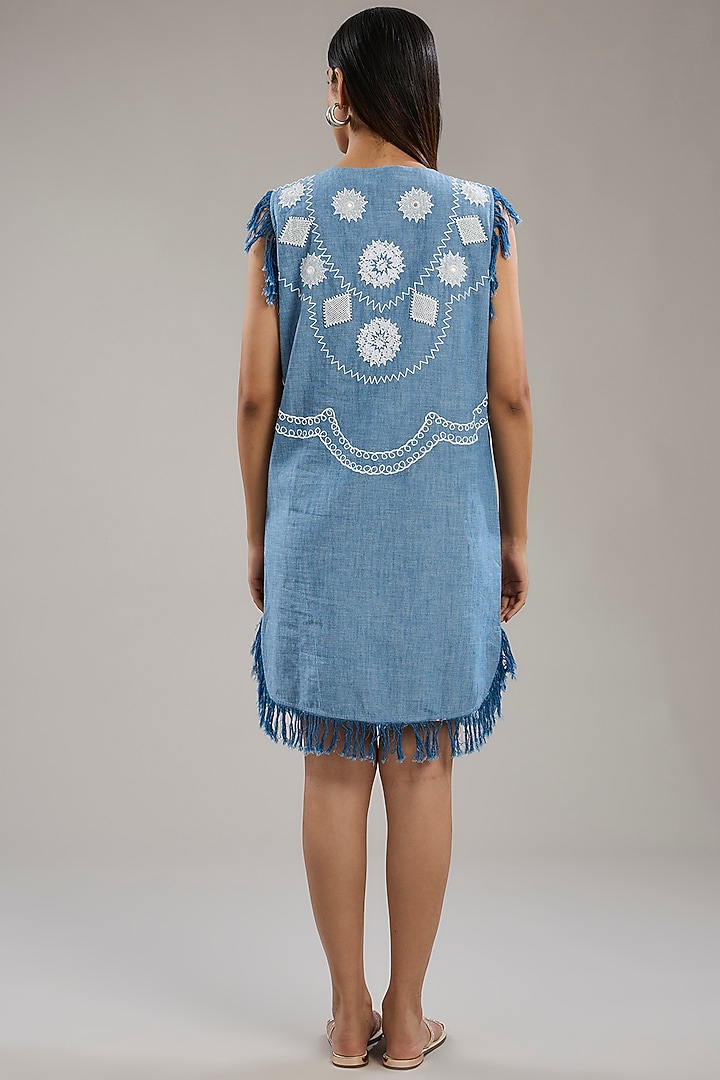 Blue Cotton & Denim Dori Embroidered Sleeveless Vacation Dress by Nakateki at Pernia's Pop Up Shop
