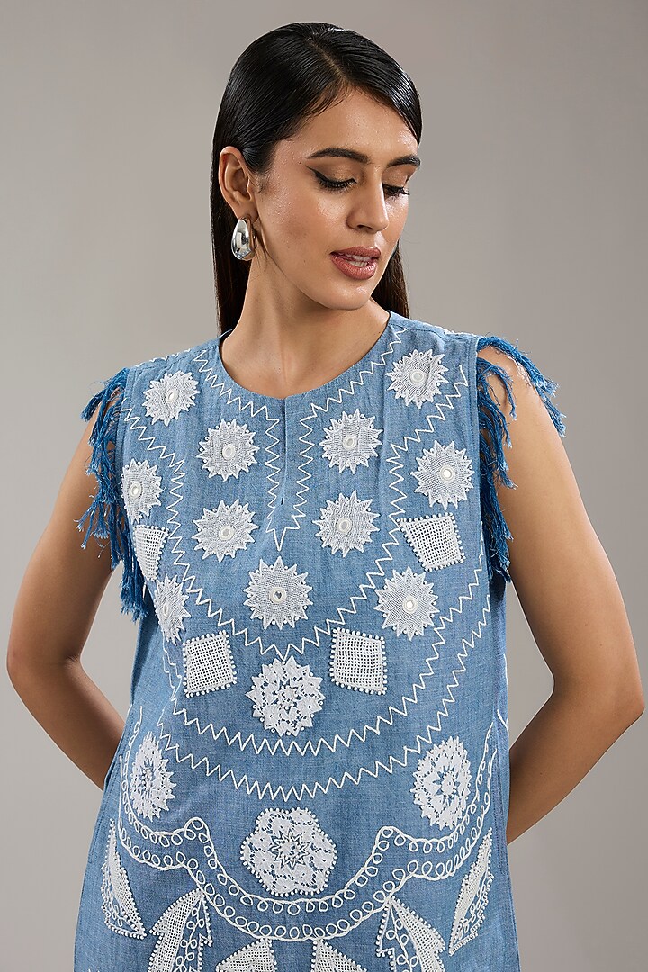 Blue Cotton & Denim Dori Embroidered Sleeveless Vacation Dress by Nakateki at Pernia's Pop Up Shop