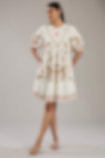 Ivory Cotton Paisley Embroidered Knee-Length A-Line Dress by Nakateki at Pernia's Pop Up Shop