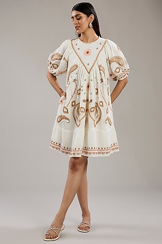 Ivory Cotton Paisley Embroidered Knee-Length A-Line Dress by Nakateki