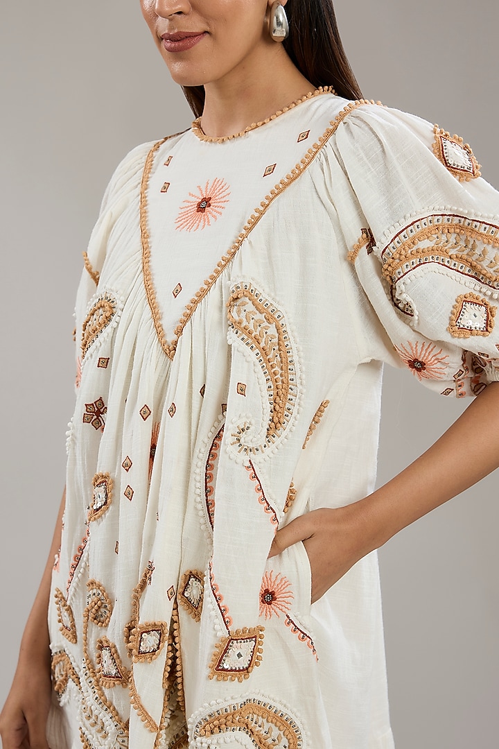 Ivory Cotton Paisley Embroidered Knee-Length A-Line Vacation Dress by Nakateki at Pernia's Pop Up Shop